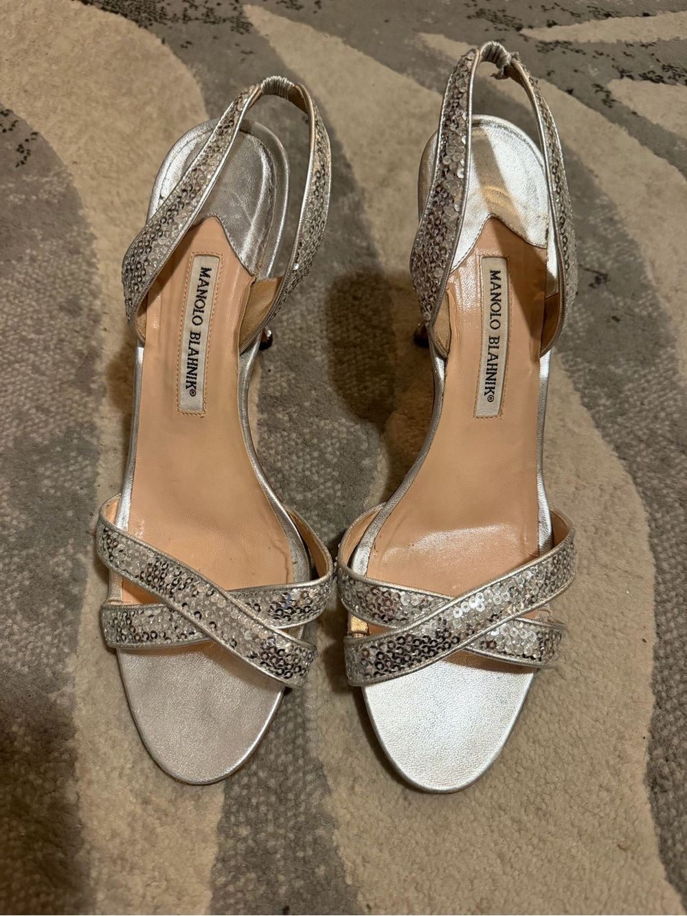 Manolo Blahnik Silver Sequin Crisscross Slingback Heels